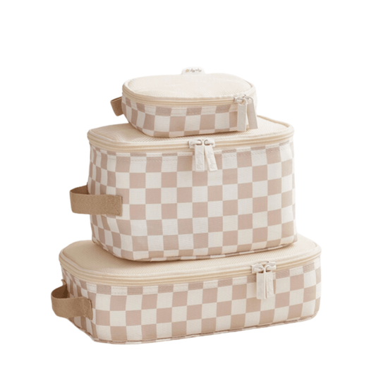 Itzy Ritzy Packing Cubes - Set of 3 Packing Cubes & Travel Diaper Bag Organizer Taupe Checkerboard